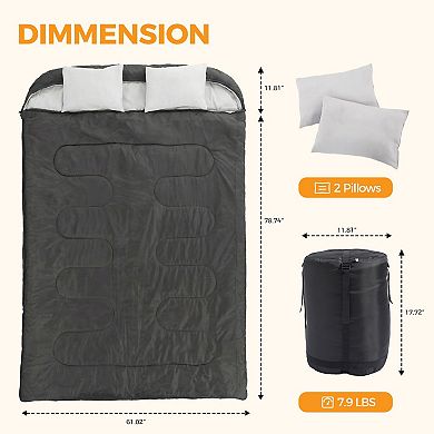 YIORTWO 2-in-1 Double Sleeping Bag Converts to 2 Singles with Pillows Portable