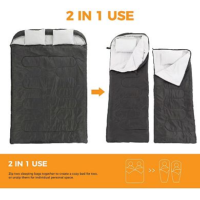 YIORTWO 2-in-1 Double Sleeping Bag Converts to 2 Singles with Pillows Portable