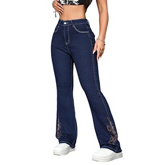 Women’s High Waisted Flare Jeans Embroidered Stretchy Flattering Bootcut Denim Pants