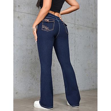 Women’s High Waisted Flare Jeans Embroidered Stretchy Flattering Bootcut Denim Pants