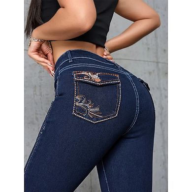 Women’s High Waisted Flare Jeans Embroidered Stretchy Flattering Bootcut Denim Pants
