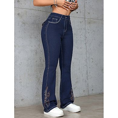 Women’s High Waisted Flare Jeans Embroidered Stretchy Flattering Bootcut Denim Pants