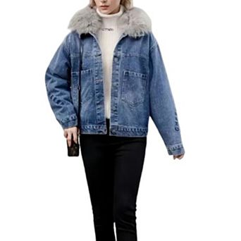 Women's Oversized Fur Collar Lined Denim Jacket, Warm Embroidered Winter Trucker Coat