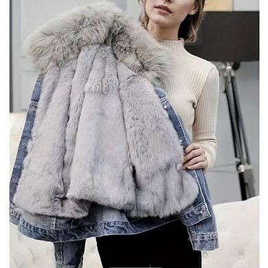 Women's Oversized Fur Collar Lined Denim Jacket, Warm Embroidered Winter Trucker Coat
