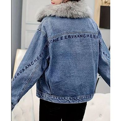 Women's Oversized Fur Collar Lined Denim Jacket, Warm Embroidered Winter Trucker Coat