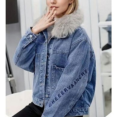 Women's Oversized Fur Collar Lined Denim Jacket, Warm Embroidered Winter Trucker Coat