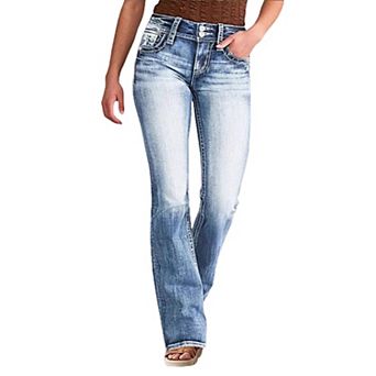 Women’s High Waisted Flare Jeans Star Embroidered Stretchy Flattering Bootcut Denim Pants