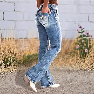 Women’s High Waisted Flare Jeans Star Embroidered Stretchy Flattering Bootcut Denim Pants