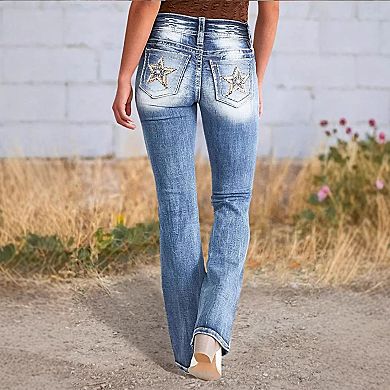 Women’s High Waisted Flare Jeans Star Embroidered Stretchy Flattering Bootcut Denim Pants