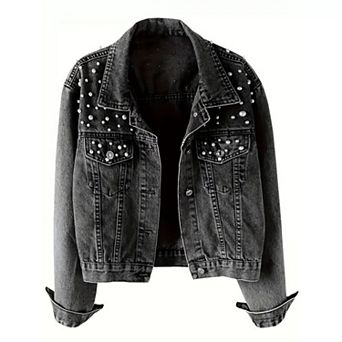 Women's Oversized Pearl Embellished Denim Jacket, Vintage Washed Button Down Trucker Coat