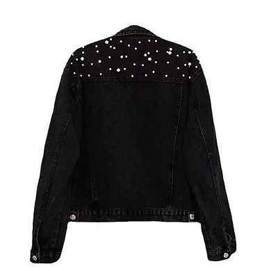 Women's Oversized Pearl Embellished Denim Jacket, Vintage Washed Button Down Trucker Coat