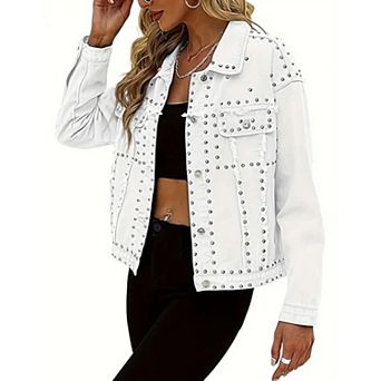 Women's Oversized Studded Denim Jacket, Frayed Edge Button Down Trucker Coat
