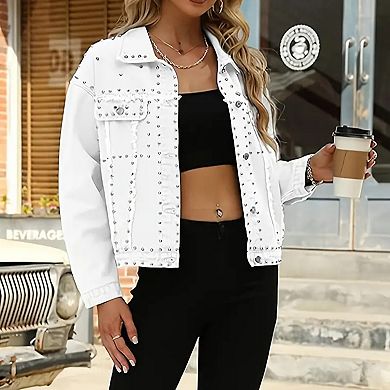 Women's Oversized Studded Denim Jacket, Frayed Edge Button Down Trucker Coat