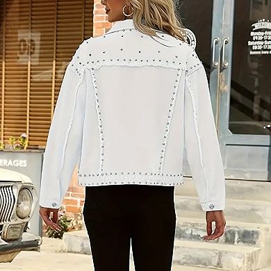 Women's Oversized Studded Denim Jacket, Frayed Edge Button Down Trucker Coat
