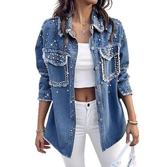 Women's Oversized Rhinestone Studded Denim Shirt, Frayed Edge Button Down Jacket
