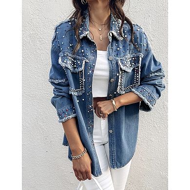 Women's Oversized Rhinestone Studded Denim Shirt, Frayed Edge Button Down Jacket