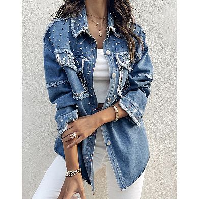 Women's Oversized Rhinestone Studded Denim Shirt, Frayed Edge Button Down Jacket