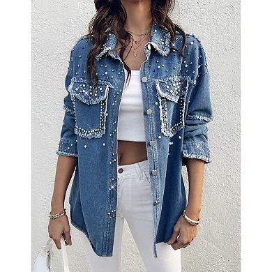 Women's Oversized Rhinestone Studded Denim Shirt, Frayed Edge Button Down Jacket
