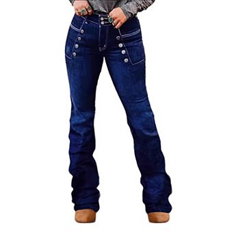 Women’s High Waisted Flare Jeans Western Button Decor Stretchy Flattering Bootcut Denim Pants