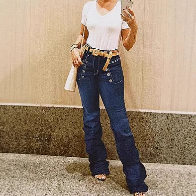 Women’s High Waisted Flare Jeans Western Button Decor Stretchy Flattering Bootcut Denim Pants