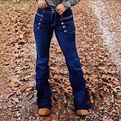 Women’s High Waisted Flare Jeans Western Button Decor Stretchy Flattering Bootcut Denim Pants