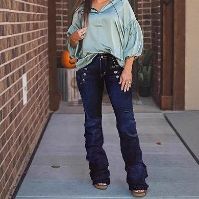 Women’s High Waisted Flare Jeans Western Button Decor Stretchy Flattering Bootcut Denim Pants