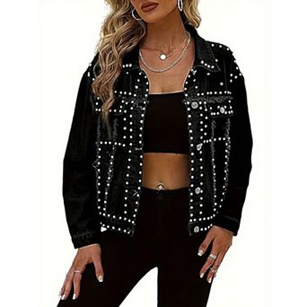 Women's Studded Denim Jacket, Oversized Button Down Casual Trucker Coat with Decorative Details