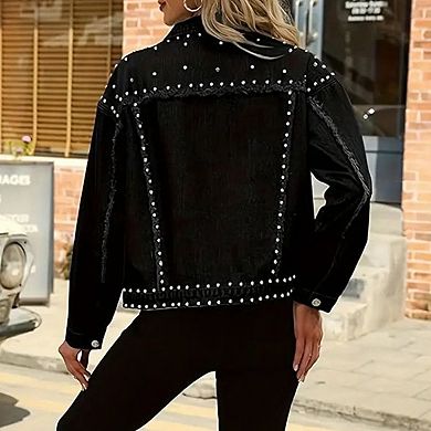 Women's Studded Denim Jacket, Oversized Button Down Casual Trucker Coat with Decorative Details