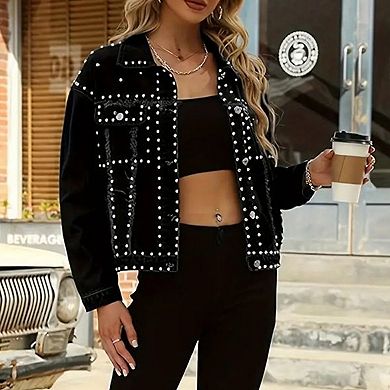 Women's Studded Denim Jacket, Oversized Button Down Casual Trucker Coat with Decorative Details
