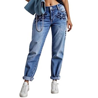 Women's Mid-Rise Floral Embroidered Boyfriend Jeans, Light Wash Vintage Denim Pants