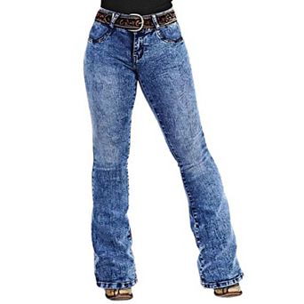 Women's Mid Rise Western Flare Jeans, Contrast Stitch Bootcut Denim Pants