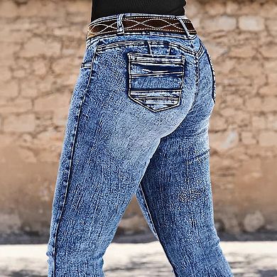 Women's Mid Rise Western Flare Jeans, Contrast Stitch Bootcut Denim Pants