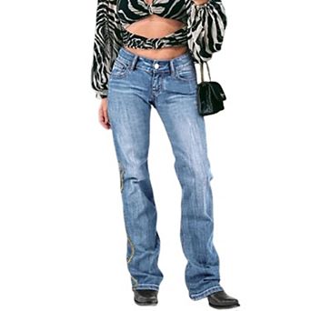 Women's Mid-Rise Star Embroidered Flare Jeans, Light Wash Western Denim Pants