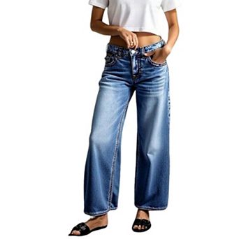 Women's Mid-Rise Contrast Stitch Wide Leg Jeans, Medium Wash Western Denim Pants
