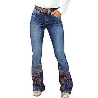 Women's Mid Rise Western Embroidered Flare Jeans, Studded Bootcut Denim Pants