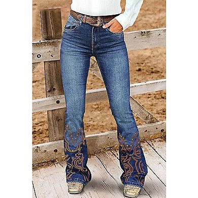 Women's Mid Rise Western Embroidered Flare Jeans, Studded Bootcut Denim Pants
