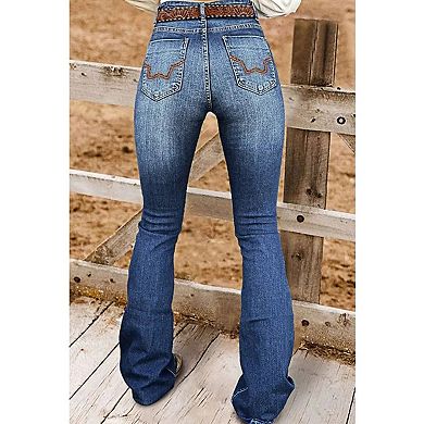 Women's Mid Rise Western Embroidered Flare Jeans, Studded Bootcut Denim Pants