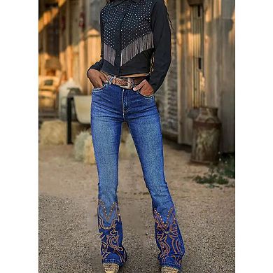 Women's Mid Rise Western Embroidered Flare Jeans, Studded Bootcut Denim Pants