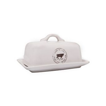 Hello Honey Farmhouse Stoneware Butter Dish with Cow Stamp, White