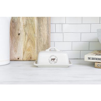 Hello Honey Farmhouse Stoneware Butter Dish with Cow Stamp, White
