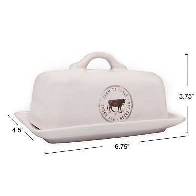 Hello Honey Farmhouse Stoneware Butter Dish with Cow Stamp, White