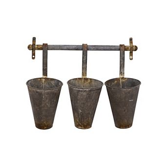 Hello Honey Antiqued Metal Wall Rack with 3 Hanging Cone Pots, Grey