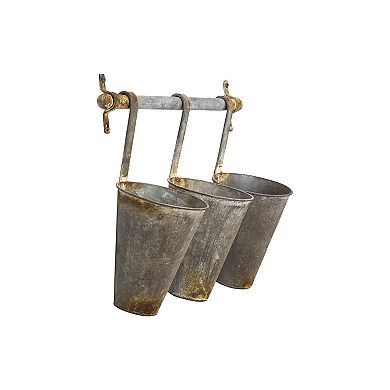 Hello Honey Antiqued Metal Wall Rack with 3 Hanging Cone Pots, Grey