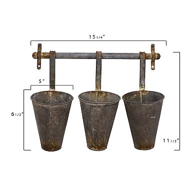 Hello Honey Antiqued Metal Wall Rack with 3 Hanging Cone Pots, Grey