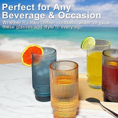 Luminelle Ribbed Drinking Glasses 15 oz, Set of 4