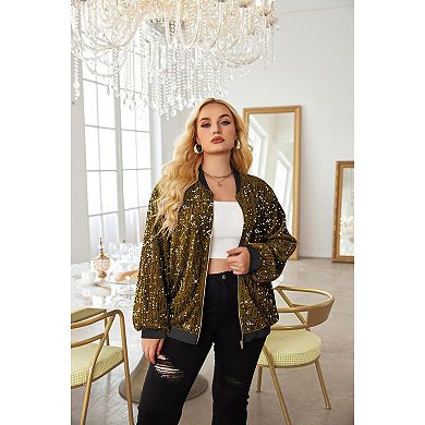 Zeagoo Women's Plus Size Sequin Long Sleeve Zip Casual Blazer Bomber Jacket