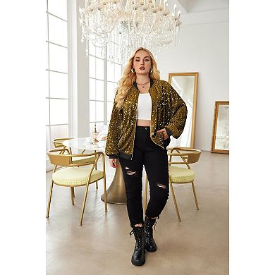 Zeagoo Women's Plus Size Sequin Long Sleeve Zip Casual Blazer Bomber Jacket