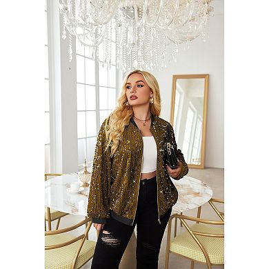 Zeagoo Women's Plus Size Sequin Long Sleeve Zip Casual Blazer Bomber Jacket