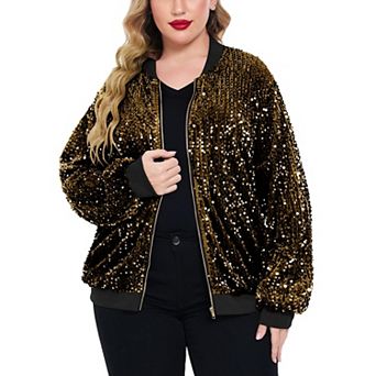 Zeagoo Women's Plus Size Sequin Long Sleeve Zip Casual Blazer Bomber Jacket
