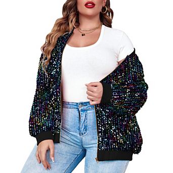 Zeagoo Women's Plus Size Sequin Long Sleeve Zip Casual Blazer Bomber Jacket